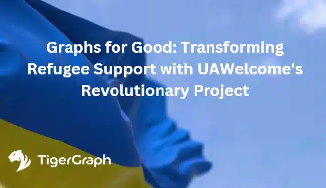 The image showcases the text Graphs for Good: Transforming Refugee Support with UAWelcoms Revolutionary Project Utilizing Graph-as-a-Service overlaid on a background featuring a waving blue and yellow flag. The TigerGraph logo is positioned at the bottom left.