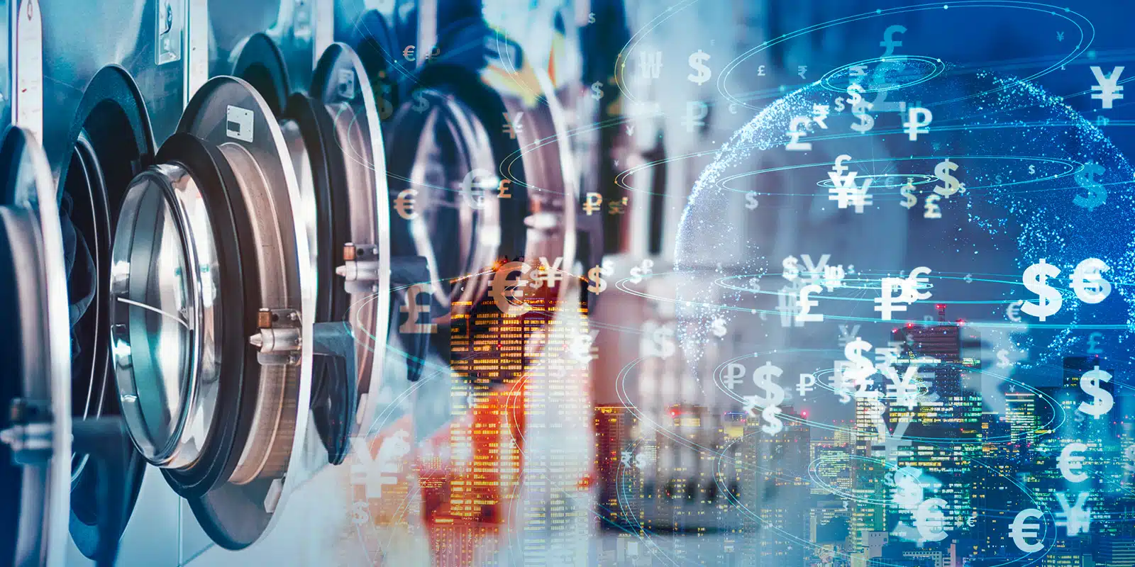 Close-up of industrial washing machines on the left. On the right, a semi-transparent digital globe adorned with currency symbols like dollar and euro signs hovers against a blurred urban backdrop, where financial charts hint at graph-as-a-service innovations.