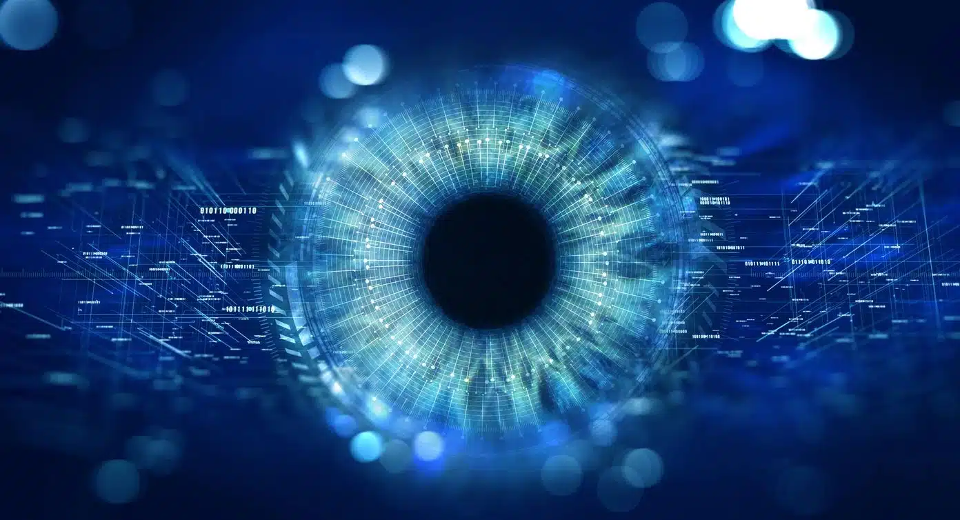 A digital artwork showcases a close-up of a human eye intertwined with glowing blue and green lines resembling circuits. The design evokes themes of technology and artificial intelligence, subtly weaving in the concept of graph-as-a-service through its abstract, iris-like patterns.