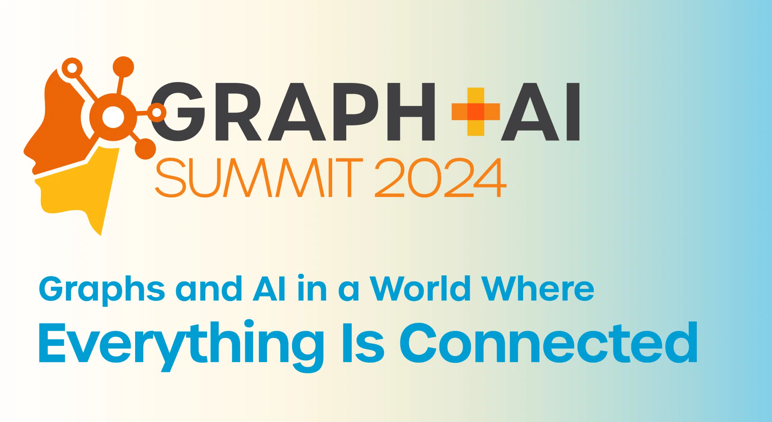 Logo for the Graph + AI Summit 2024 with text Graphs and AI in a World Where Everything Is Connected. Features an abstract profile silhouette with connected nodes and a gradient background.