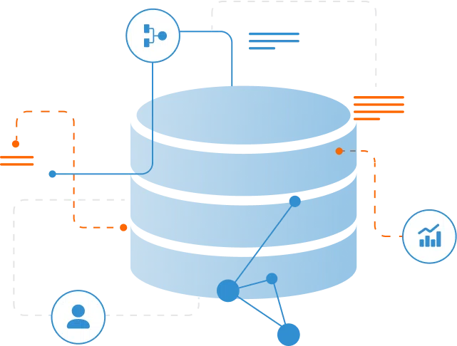 Illustration of a blue cylindrical database with connected icons representing user access, data integration, and analytics. Lines and arrows indicate data flow to and from the database.