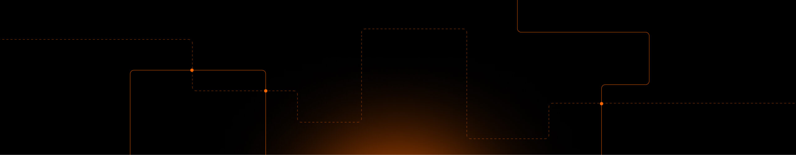 A black background with a pattern of thin orange lines, both solid and dotted, forming a geometric circuit-like design. The lines have glowing points and intersect in various places, creating a dynamic and modern look.