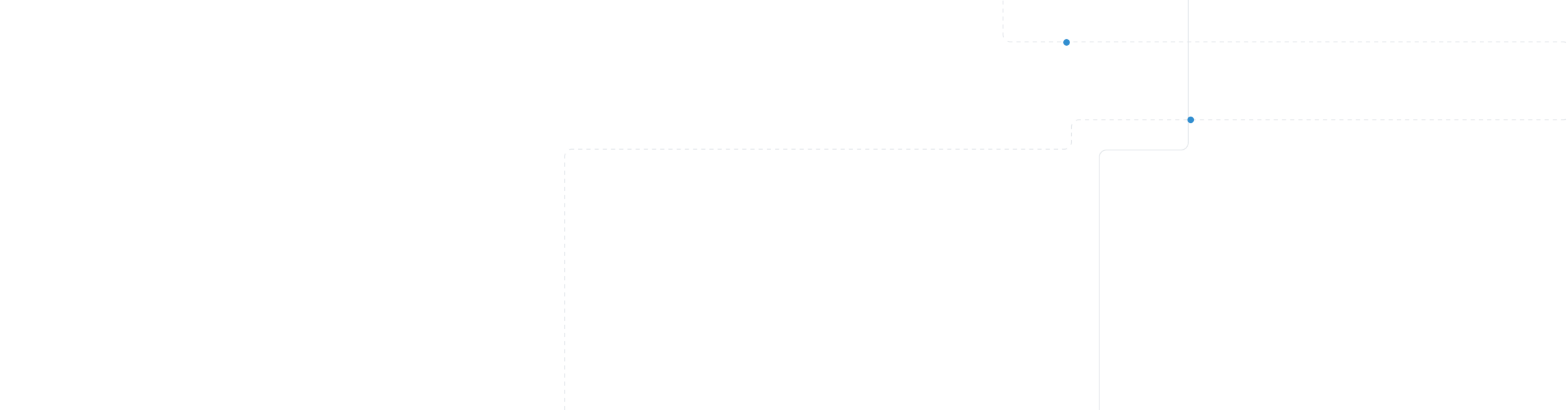 A black image with intersecting dashed white lines forming a geometric pattern. The lines create various angles and pathways, with small sections and turns. A subtle blue dot is visible where two lines meet.