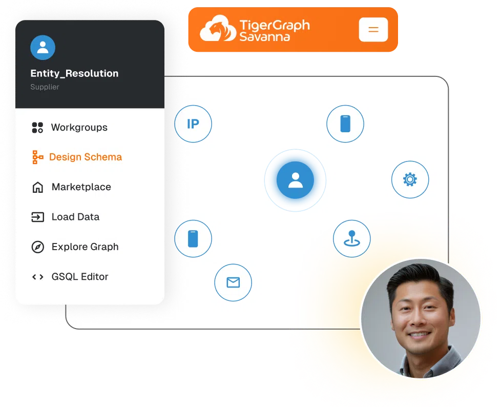 User interface of TigerGraph Savanna showing a side menu with options like Design Schema and Marketplace. A network diagram with icons is displayed on the right, along with a profile picture of a smiling person.